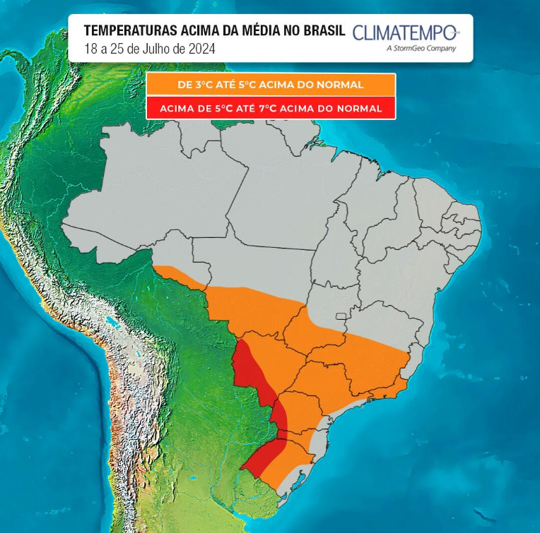 mapa de temperaturas acima da média fornecido pela Climatempo